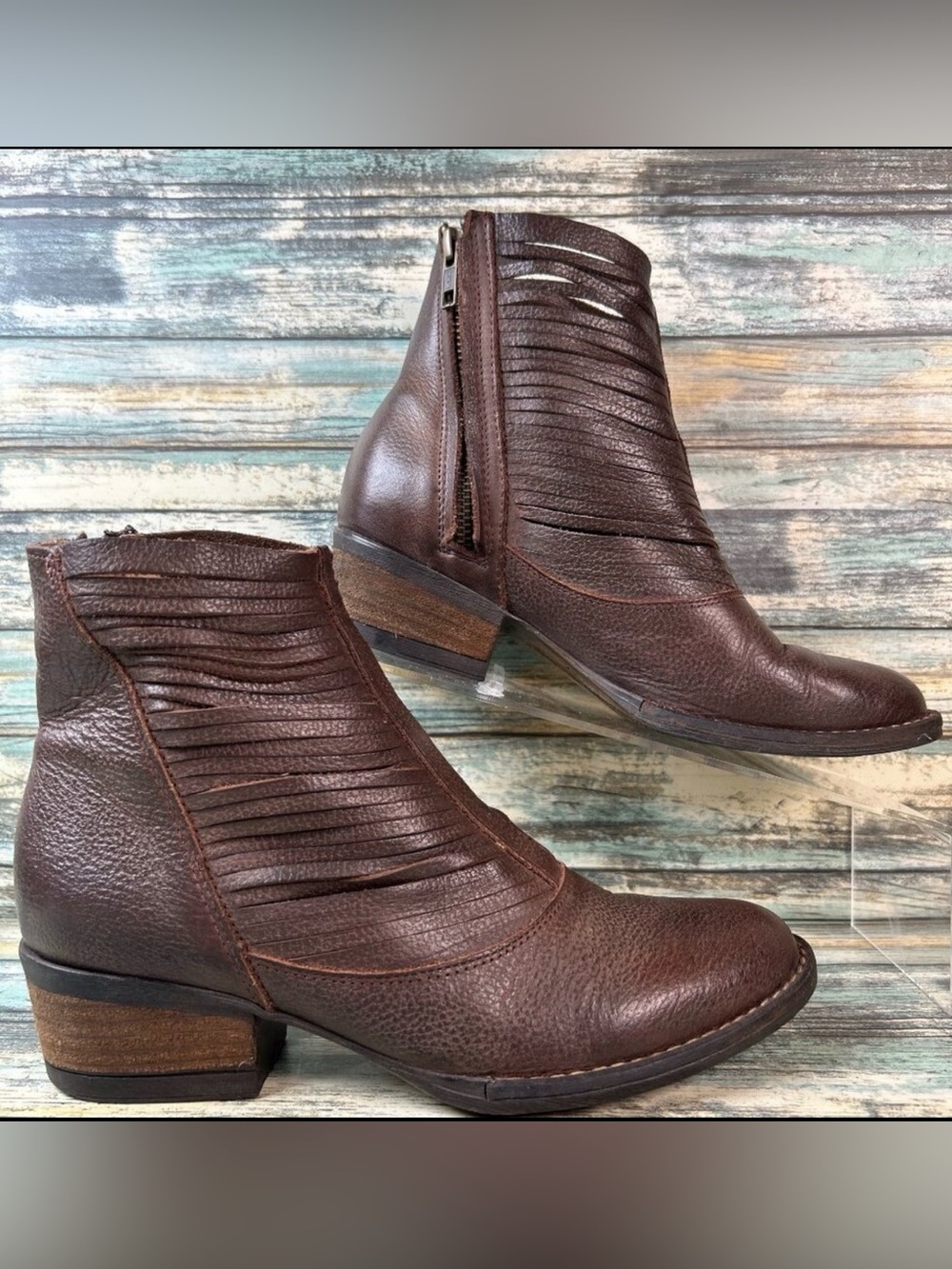 Sbicca Ankle Boots Size 7.5 Brown Leather Open Weave Boho Zip Western Block Heel